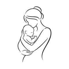Mother carrying baby, mother and baby line drawing art