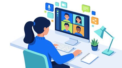 Naklejka premium A woman attends a remote online video meeting at her desk, illustrating the hybrid work concept in a 2d vector style.