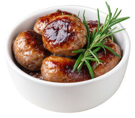 Close-up of browned sausages in a white bowl, garnished with rosemary sprig