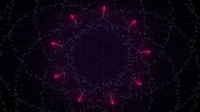 A top-down, symmetrical view of a celestial or digital network. A ring of eight bright pink focal points radiates outward, interconnected by a dense, web-like mandala of purple lines and blue glowing 