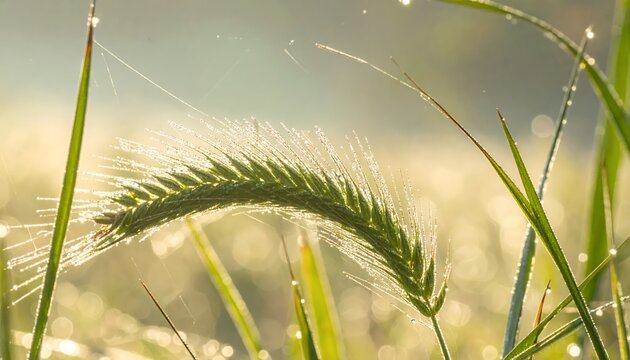 Close-up of a single green ear of wheat in a field, glistening with morning dew drops under soft sunlight.
