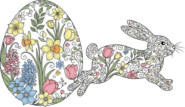 Easter egg and bunny feature intricate floral patterns for spring.