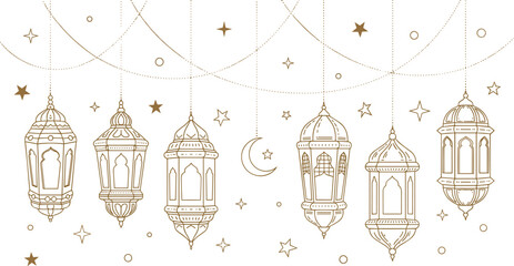 Fototapeta premium Gold line art vector illustration of hanging traditional Arabic lanterns with crescent moon and stars for Ramadan Kareem and Islamic holiday celebrations.