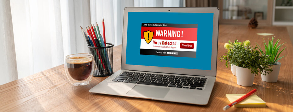 Virus warning alert on computer screen detected modish cyber threat , hacker, computer virus and malware