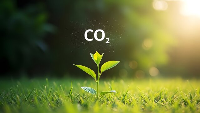 Small green plant with co2 molecules in sunlight on grass
