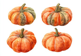 Watercolor painting shows four orange and green pumpkins with stems against a white backdrop