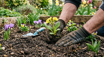Naklejka premium Zbliżenie dłoni sadzących w ziemi wiosenne kwiaty