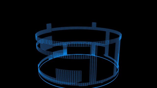 3D perspective view of a blue wireframe cylindrical structure rotating in dark space, appearing like a holographic architectural schematic or complex mechanical ring.
