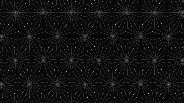 A clean, geometric pattern of white nodes forming a repeating hexagonal array, with thin lines radiating outward to create a stylized floral or snowflake-like surface.