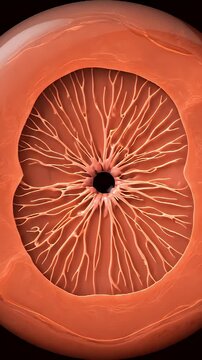 Abstract CGI animation visualizing retinal edema resolution with fluid accumulation and capillary changes in a macro view against a dark background suitable for medical education and research
