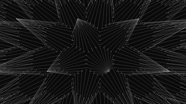 A mesmerizing geometric animation where nodes and lines expand and contract to form sharp, star-shaped patterns and kaleidoscopic hexagonal symmetries.