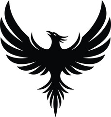 Powerful black phoenix bird silhouette with spread wings rising from the ashes representing rebirth strength and mythical power isolated on white background.