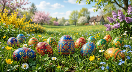 Kolorowe pisanki ukryte w trawie, w tle łąka i kwitnące drzewa. Tło wielkanocne