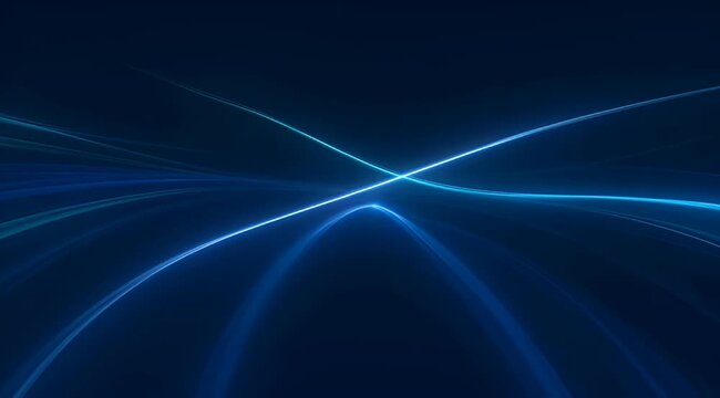 Abstract dark blue background with dynamically glowing light curves and intersection
