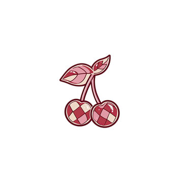 A stylized image of two cherries with a checkered pattern and leaves against black