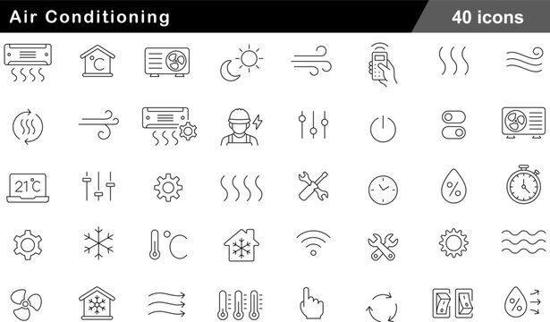 Air Conditioning Thin Line Icons Set HVAC Systems, Climate Control, Smart Thermostats, Cooling Technology and Indoor Air Management Symbols for Home and Industry