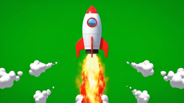 Illustration of a rocket launching with flames and smoke on a green screen background, representing space travel and innovation