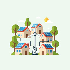 Houses with solar panels connected to a wind turbine and surrounded by trees.