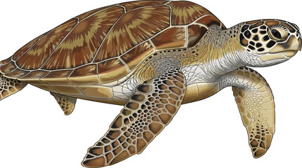 Detailed vector illustration of a green sea turtle swimming with realistic shell patterns and flipper textures isolated on a white background for marine life concepts. © Hosneara