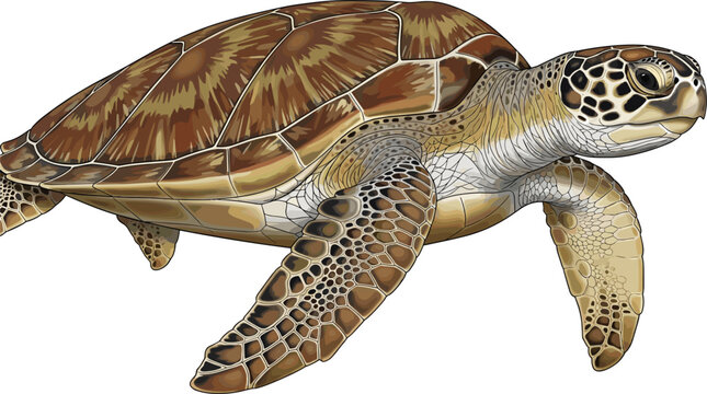 Detailed vector illustration of a green sea turtle swimming with realistic shell patterns and flipper textures isolated on a white background for marine life concepts.