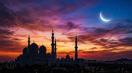 A majestic mosque silhouette stands against a vibrant dramatic sunset sky with a crescent moon symbolizing Islamic culture and spiritual reflection