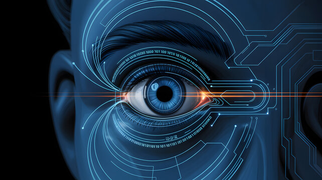 Digital eye with binary code and circuitry, symbolizing technology and surveillance.