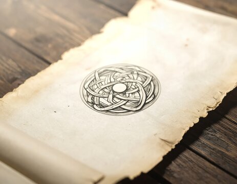 Ancient Celtic Knot Design on Aged Parchment Scroll.