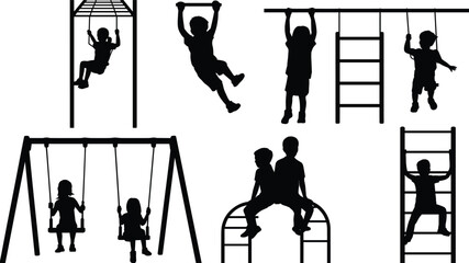 Children playground silhouette set, kids playing swings, climbing ladder, monkey bars, outdoor playground activities collection © Tanjimul