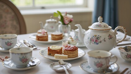 Traditional afternoon tea service with scones, sandwiches, and floral teacups.