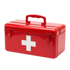 Obraz premium A red metal first aid kit with a white cross symbol on the lid. isolated on transparent background