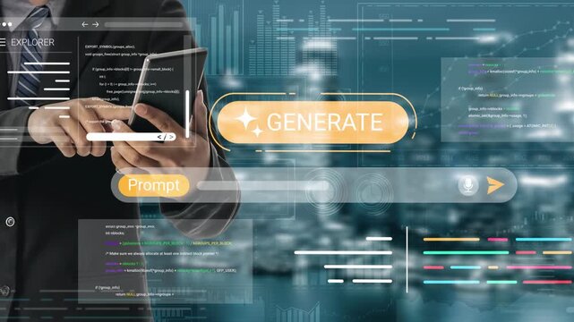 Business professional using tablet with digital interface, graphs, and creative generation tools for innovative technology solutions in urban setting Gluon.