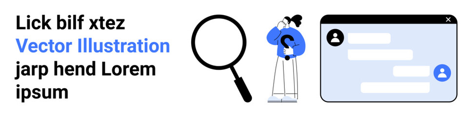 Obraz premium User interface design, search tools, digital analysis, technology concepts, online communication, identity. Magnifying glass, person in blue and browser window with chat bubbles. User interface