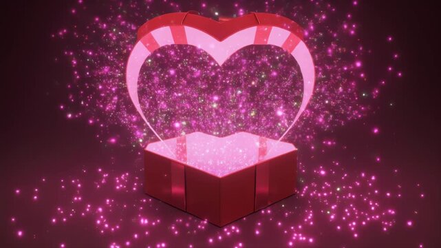 ハート形ギフトボックスから広がるピンクの光粒が彩る幸福感あふれる演出背景