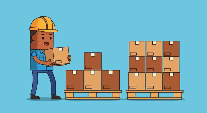 Warehouse worker loads boxes onto a pallet, illustrating logistics and delivery operations