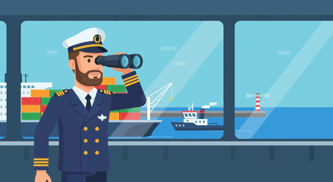 A ship captain with binoculars surveys the bustling maritime harbor with ships and cargo.