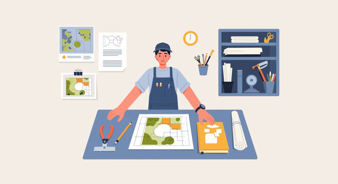 Gardener planning a landscape design at a desk with tools and blueprints