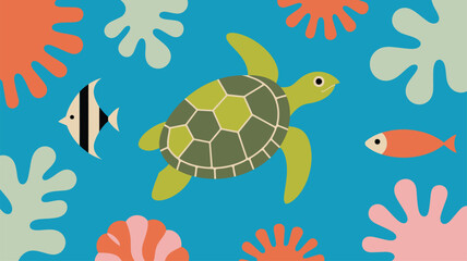Fototapeta premium Sea Turtle Swimming Underwater Fish Coral