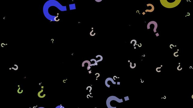 Colorful question marks floating on black background confusion uncertainty inquiry symbols