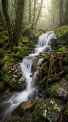Obraz premium A tranquil waterfall flowing through a lush, mossy forest, featuring a water wheel