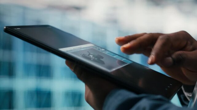 Enhancing hardware operational effectiveness, tablet closeup and admin in server room using app. Monitoring infrastructure rackmounts, device and African american man in data center, camera B