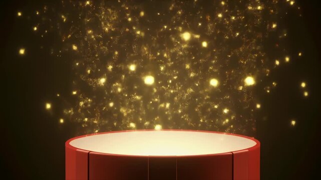 丸い贈り物の箱が静かに開き光が舞い上がる期待に満ちた演出