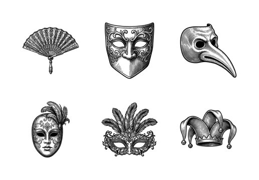 Vintage engraving style collection of Venetian carnival masks including medico della peste and jester hat on white