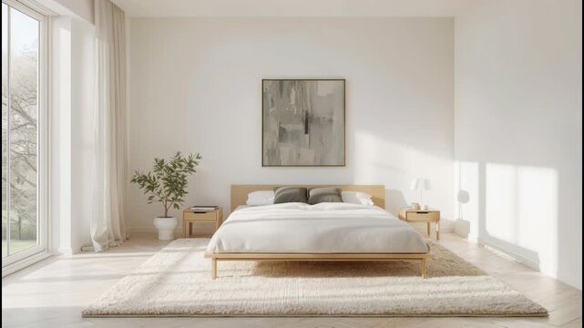 Minimalist bedroom with neutral bedding, wooden bed and natural light creating calm serene modern