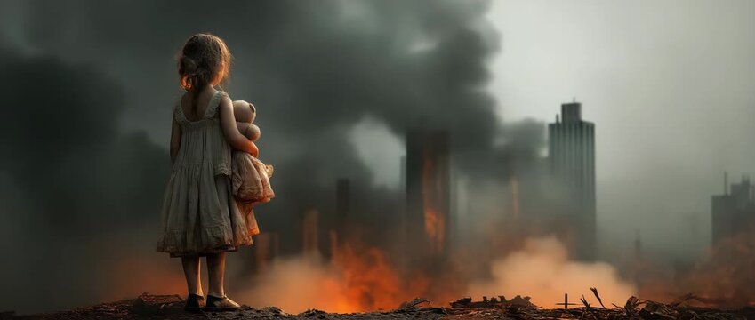 Little girl holding doll standing in front of burning city