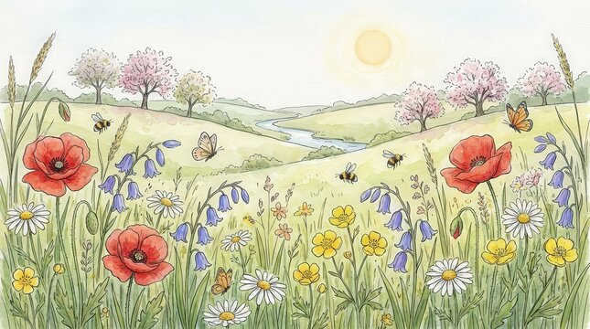 Watercolor Wildflowers in Green Meadow.