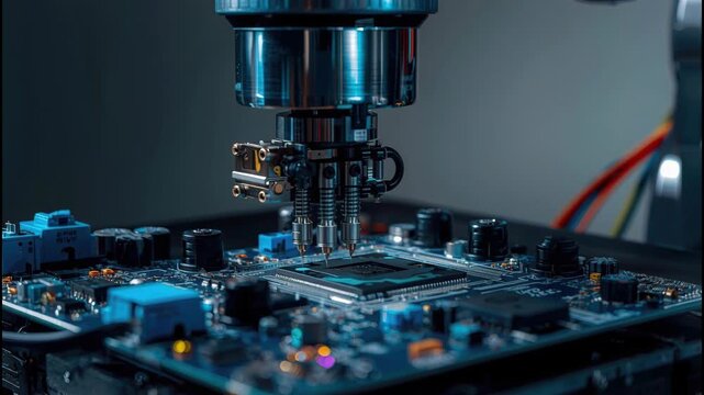 Precision robotic soldering head assembling microchip circuit board pcb motherboard with focused