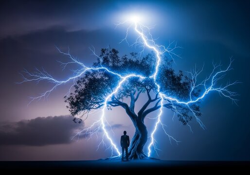 Abstract silhouette of a professional beneath a stormy tree, amidst electric blue lightning, symbolizing profound mental health struggles and emotional turmoil, stormy, exhaustion, fear