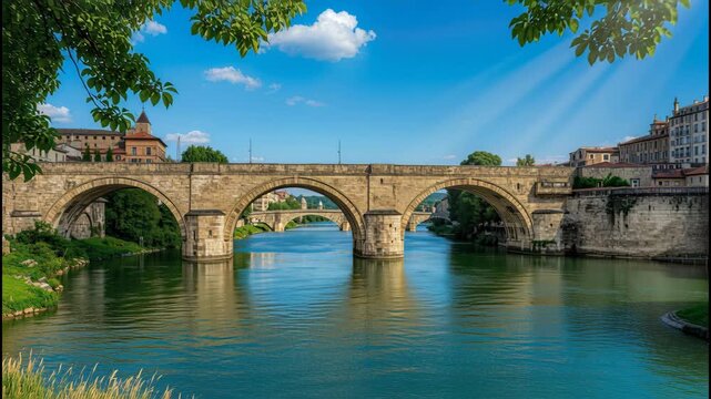 Ancient stone bridge with three arches over calm river blue sky, peaceful urban riverside scene