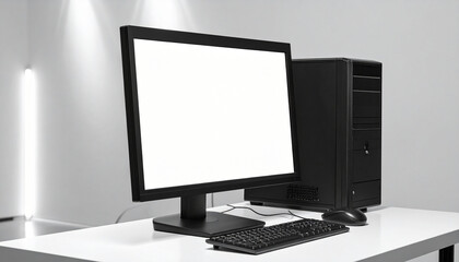 Fototapeta premium Black desktop computer with blank white screen in a bright studio setting