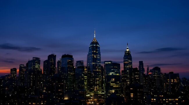 Night cityscape view showing illuminated highrise buildings against a deep blue sky
